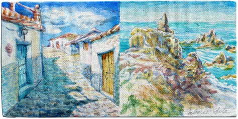 A pair of quick sketches on the gessoed rough side of a masonite board. These are relatively underdeveloped, so I hesitated in including them here, but they tell part of the story. Left is Macharaviaya - a whitewashed town near Málaga. Right is a view of the Mediterranean from the coastal cliffs of Cabo de Gata.